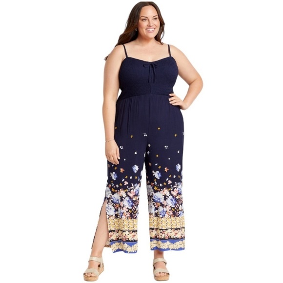 Maurices large Navy Floral Strapless Smocked Jumpsuit - Picture 1 of 6